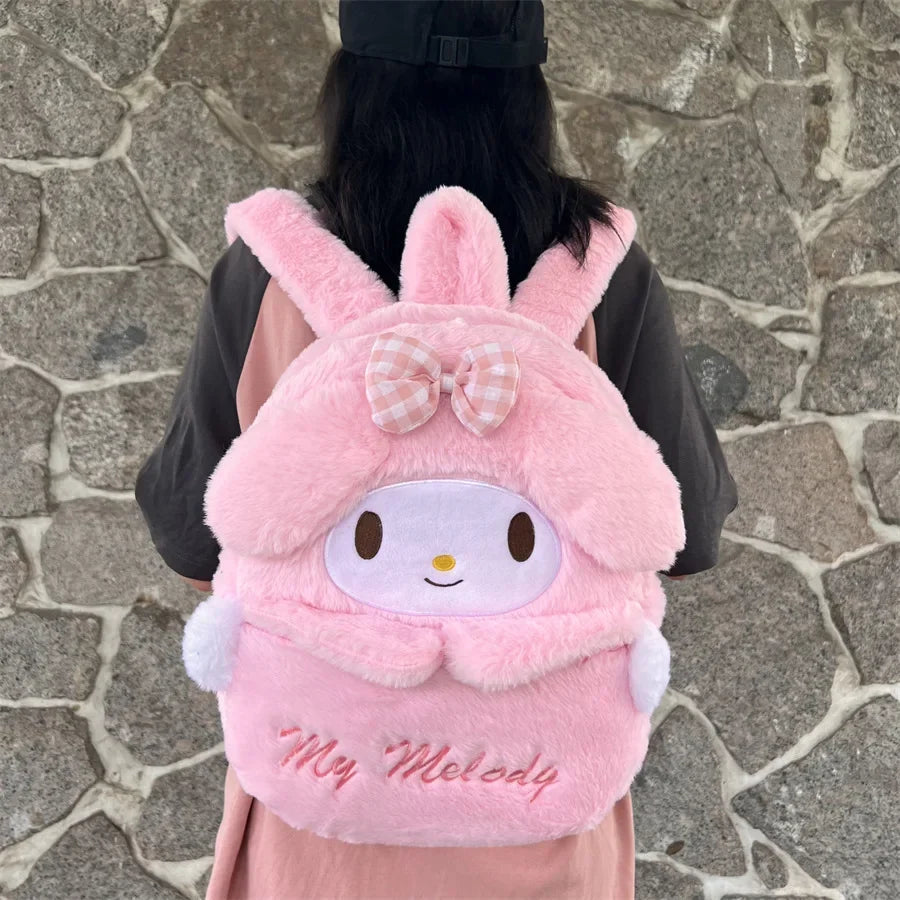 Kawaii Sanrio Cartoon Lovely Plush Backpack Cinnamoroll Kuromi Girl Large Capacity My Melody Shoulders Bag Girls Birthday Gifts