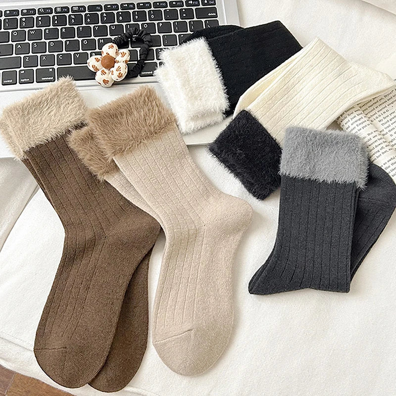 1Pair Fashion Plush Socks Women Autumn Winter Fluffy Splice Lanital Mink Velvet Thick Warm Mid-tube Stockings Cotton Socks