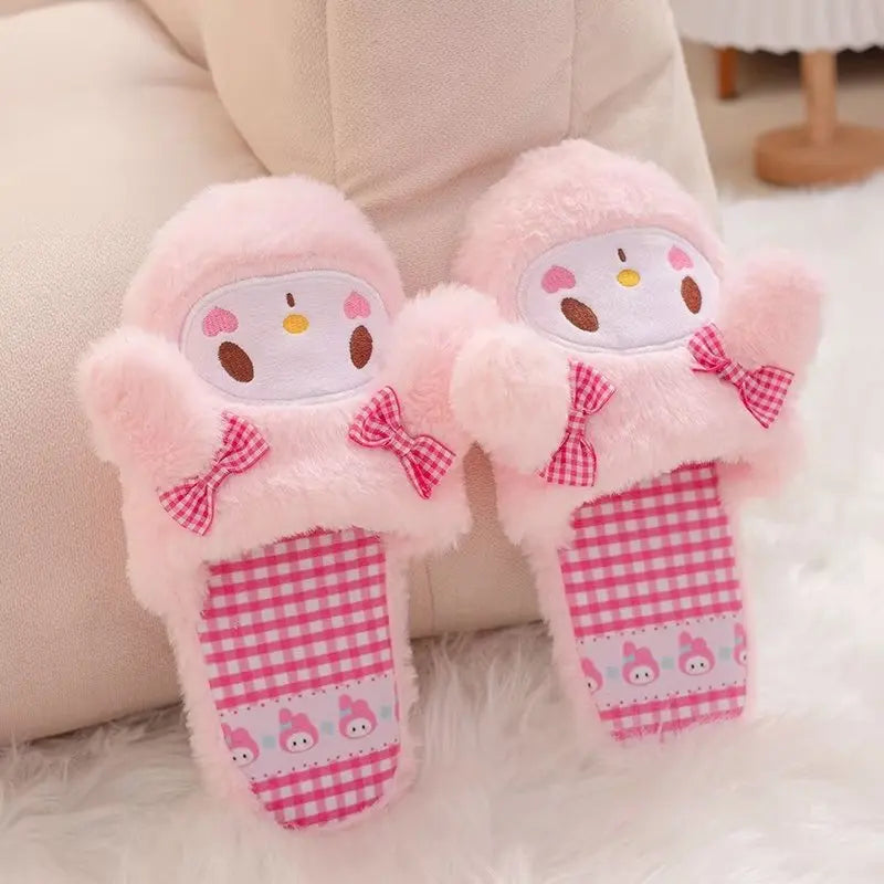 Lovely Warm Indoor Shoes Cute Kuromi My Melody Cinnamoroll Slippers Lolita Home Cotton Shoes For Girl Lady Winter Non-slip