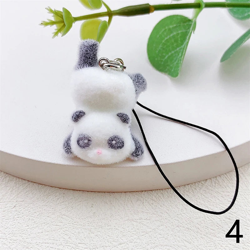 3D Flocking Panda Keychain Cartoon Plush Animal Keyring Bag Pendant Car Key Holder Earphone Charm DIY Jewelry Ornament Accessor