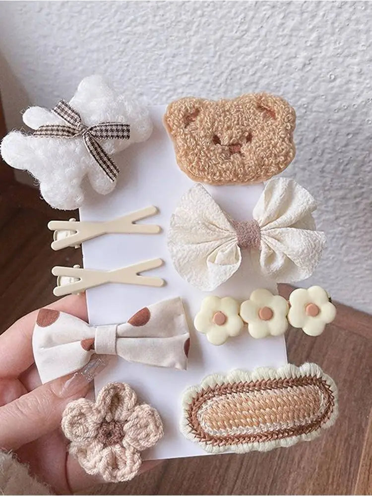 9pcs Girls Hair Clip Cartoon Bear Flowers Bow Decor Hairpin Side Cute Plush Brown Accessories