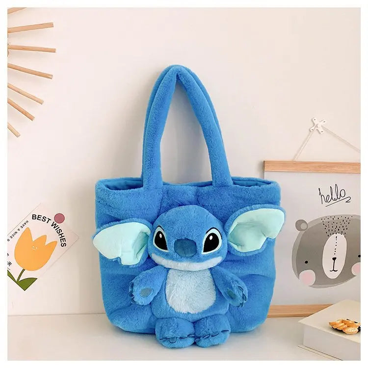 Disney 2024 New Cartoon Plush Doll Shoulder Bag Sweet and Cute Stitch Strawberry Bear Soft Cute Girls Handbag