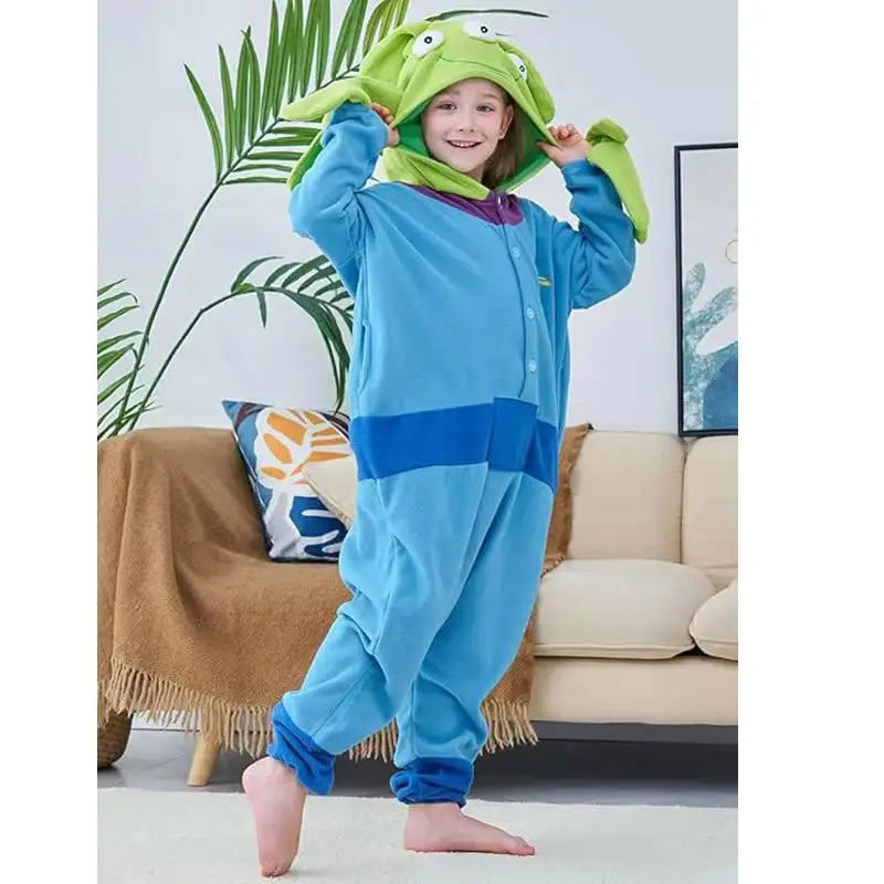 New Cartoon Toy Story Anime Alien Jumpsuit Pajama 3 Eyes Alien Onesie Polar Fleece Sleepwear Child Adult Plush Home Clothing