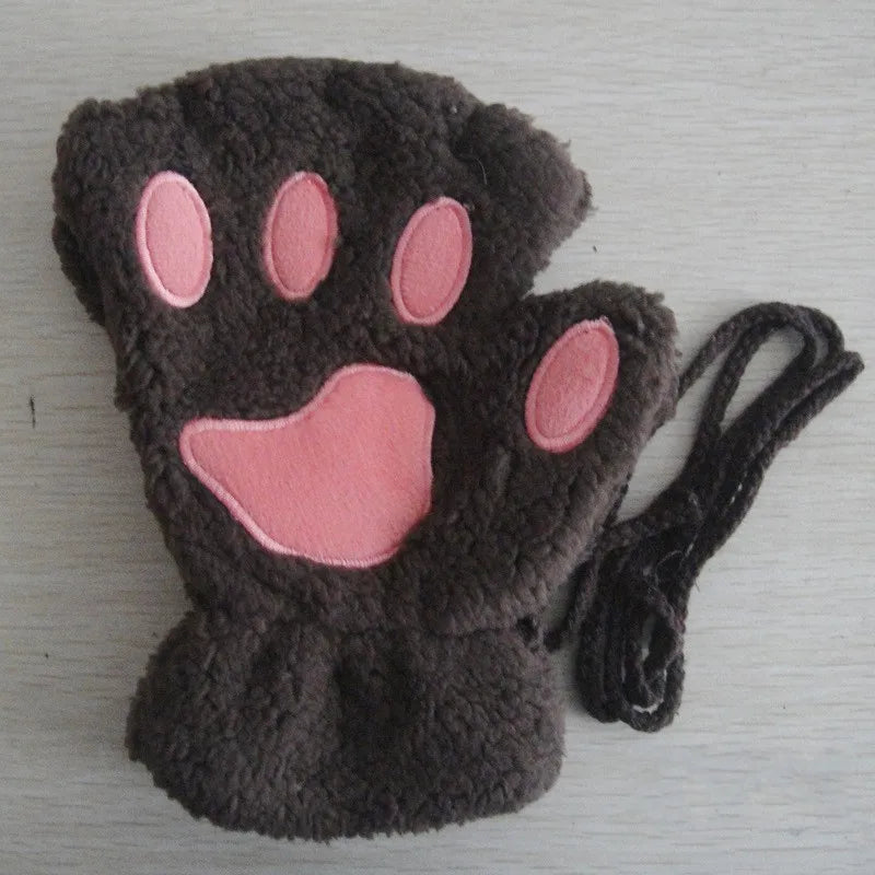 Cartoon Cute Cat Claw Paw Gloves Women Plush Mittens Warm Soft Plush Short Fingerless Fluffy Bear Cat Gloves Costume Half Finger