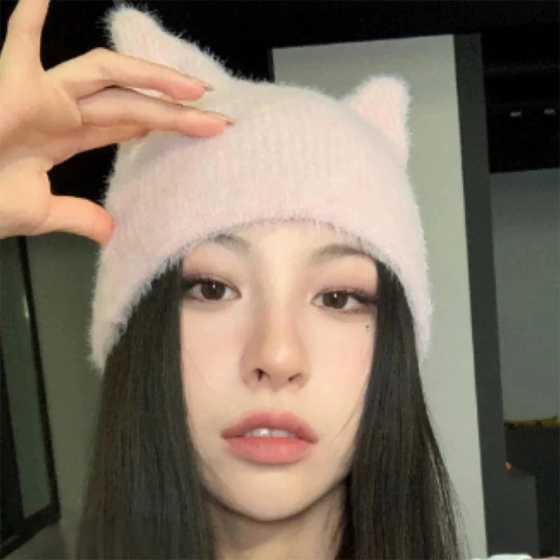 Korean Cute Solid Color Fluffy Cat Ear Knitted Hat Y2K Harajuku Plush Warm Cap Autumn Winter Knitting Hat For Christmas Gifts