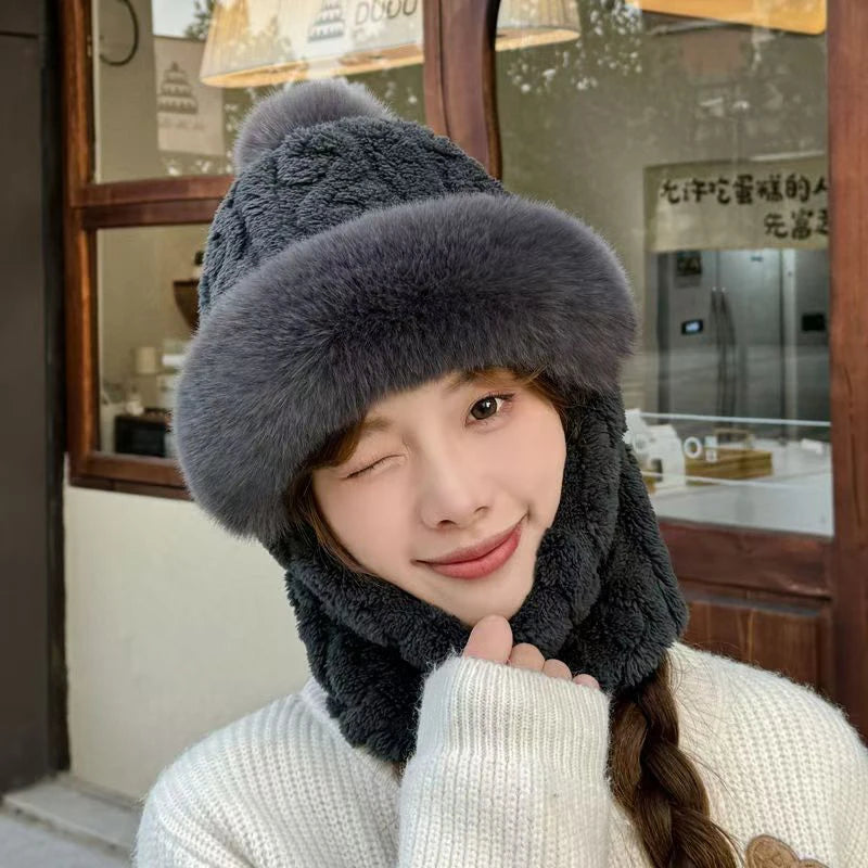 1PC Winter Knitted Hat Scarf Mask Plush Pompom Beanies For Women Plush Lining Warm Bonnet Ears Neck Protection Skiing Cap