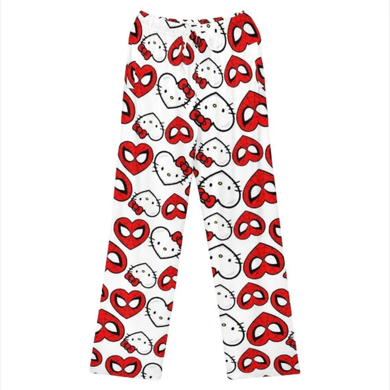 Sanrio Hello Kitty Spider Man Flannel Cartoon Thick Sleepwear For Women In Autumn And Winter Loose And Warm Pants For Wearing