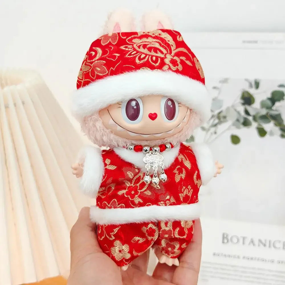 For 17cm Baby Clothes outfit Sitting Labubu Blind Box Pendant New Year Clothing Antique Tang Clothing Sweater Hat