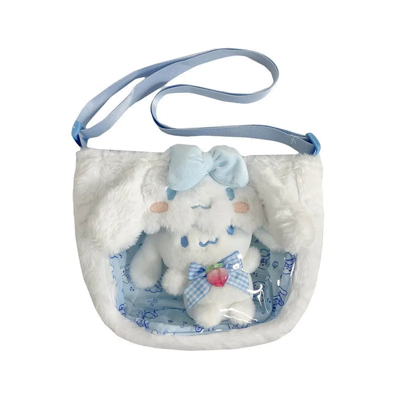 Kawaii Sanrio Plush Bags Cinnamoroll Melody Kuromi Crossbody Bag Cartoon Transparent Plushie Handbag Hello Kitty Stuffed Backpac