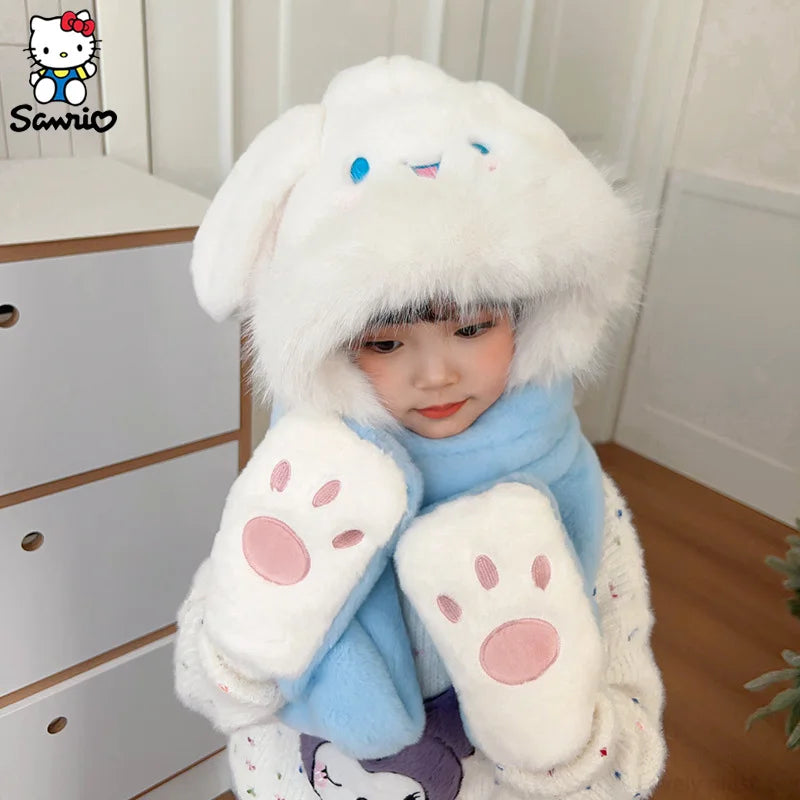 Kawaii Sanrio Kuromi Children Plush Scarf Hat Glove Cute Cosplay Party Anime Sweet Winter Warm Hat Girls Soft Plush Hat Gifts