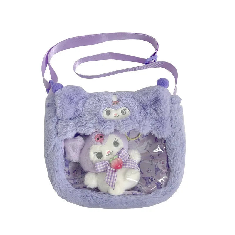 Kawaii Sanrio Plush Bags Cinnamoroll Melody Kuromi Crossbody Bag Cartoon Transparent Plushie Handbag Hello Kitty Stuffed Backpac