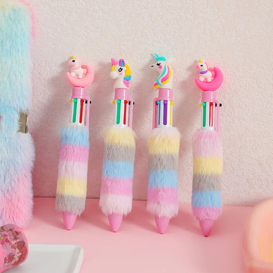 2PCS 6 Colors Children's Unicorn Plush Ball-point Pen Student Rainbow Gel Pen Fantastic Cartoon Girl Handwriting Pens