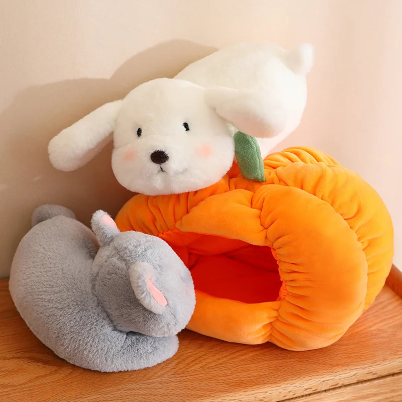 23/30cm Funny Cute Soft Stuffed Animals Dog Cat Hiding In the Pumpkin Nest Dolls Room Pets Peluche Kids Lover Elegant Gift