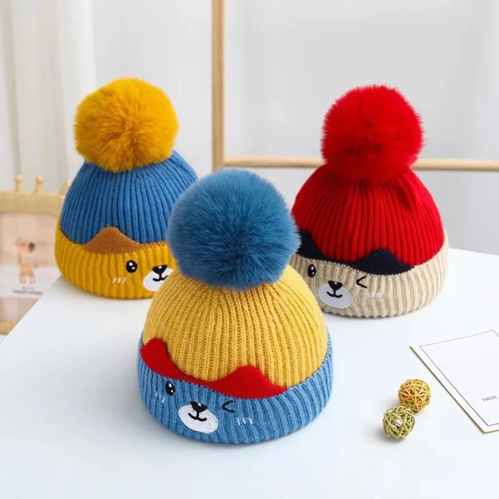 Soft Fluffy Baby Pompom Pullover Hat Cartoon Type Warm Baby Knitted Cap Plush Fluffy Windproof Winter Baby Earmuffs