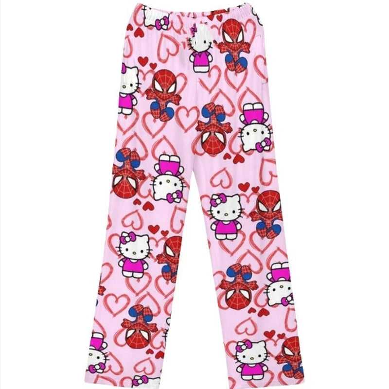 Sanrio Hello Kitty Spider Man Flannel Cartoon Thick Sleepwear For Women In Autumn And Winter Loose And Warm Pants For Wearing