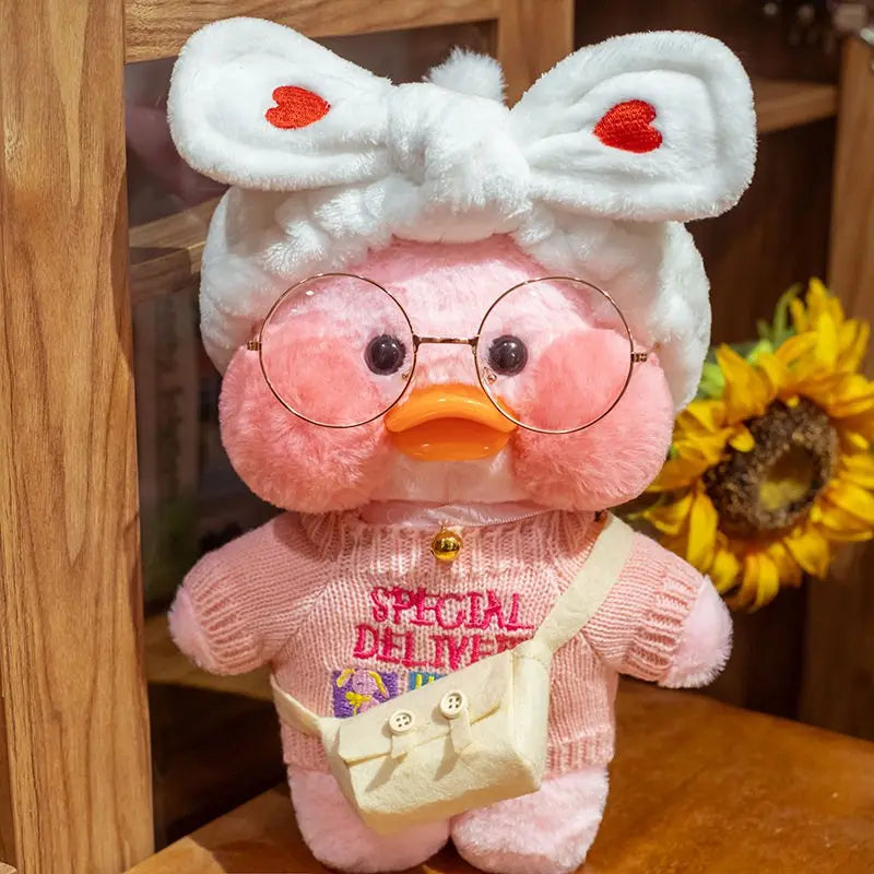 30cm Cute Cafe Pink Duck Stuffed Plush Animals Toy Wear Glasses And Clothes Soft Doll Girl Birthday Creative Gift For Girls