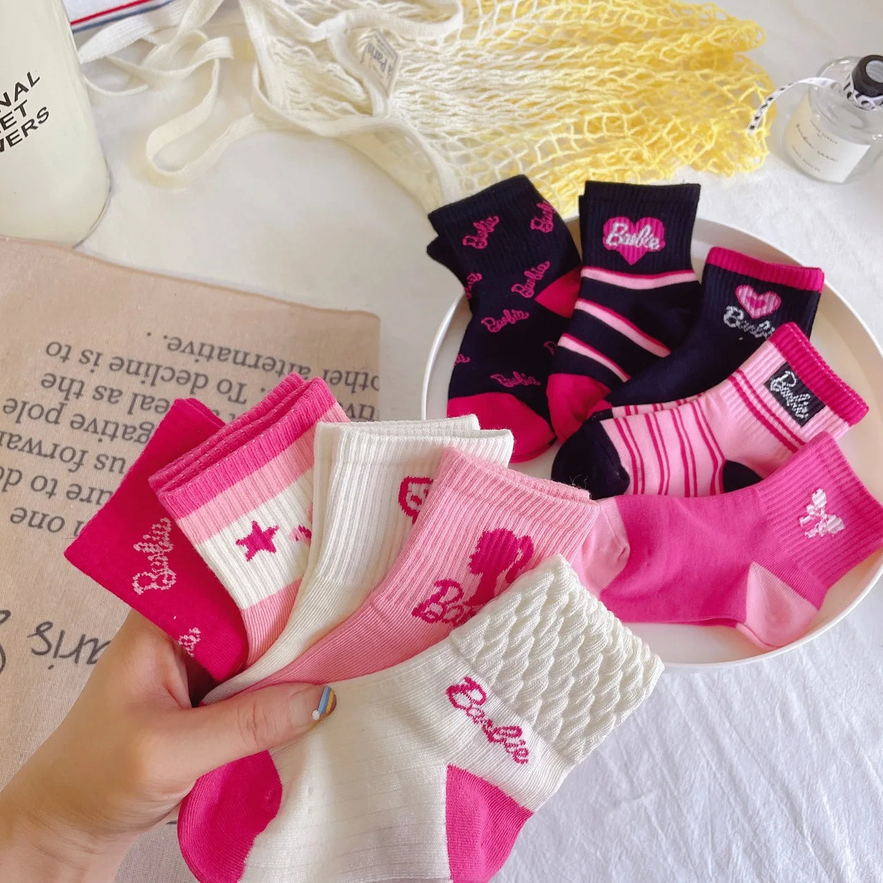 New 10 Pairs Of Barbie Y2k  Socks For Girls Kawaii Dopamine Autumn And Winter Series Pink Love Letters Striped High-Value Socks