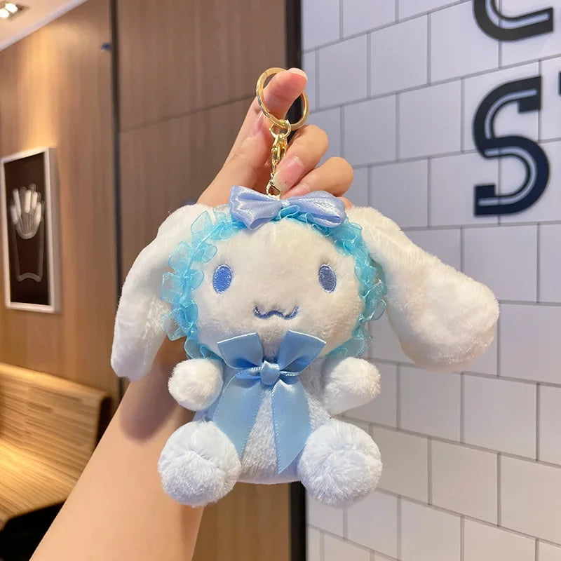 13CM Sanrio Plush Dolls Keychain Cinnamoroll Kuromi Melody Lace Headband Series Cute Pendant Backpack Deco Girl Kids Toys Gift