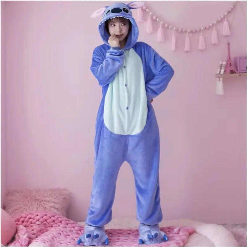 New Disney Stitch Onesie Couple Flannel Sleepwear Unisex Cartoon Animal Pajamas Set Winter Women Men Warm Flannel Hooded Pyjama