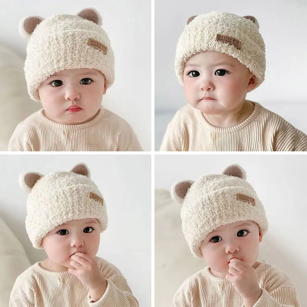 5 Months-3Year Windproof Solid Color Baby Knitted Hat Soft Cute Winter Hat Plush Cartoon Children Warm Cap Baby Children Kids