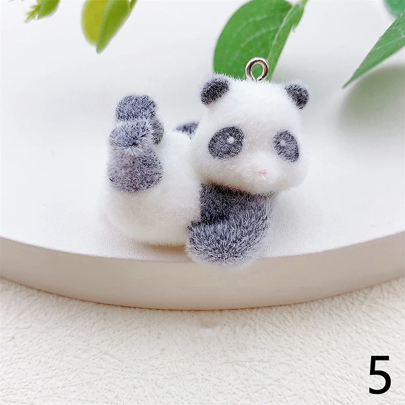 3D Flocking Panda Keychain Cartoon Plush Animal Keyring Bag Pendant Car Key Holder Earphone Charm DIY Jewelry Ornament Accessor