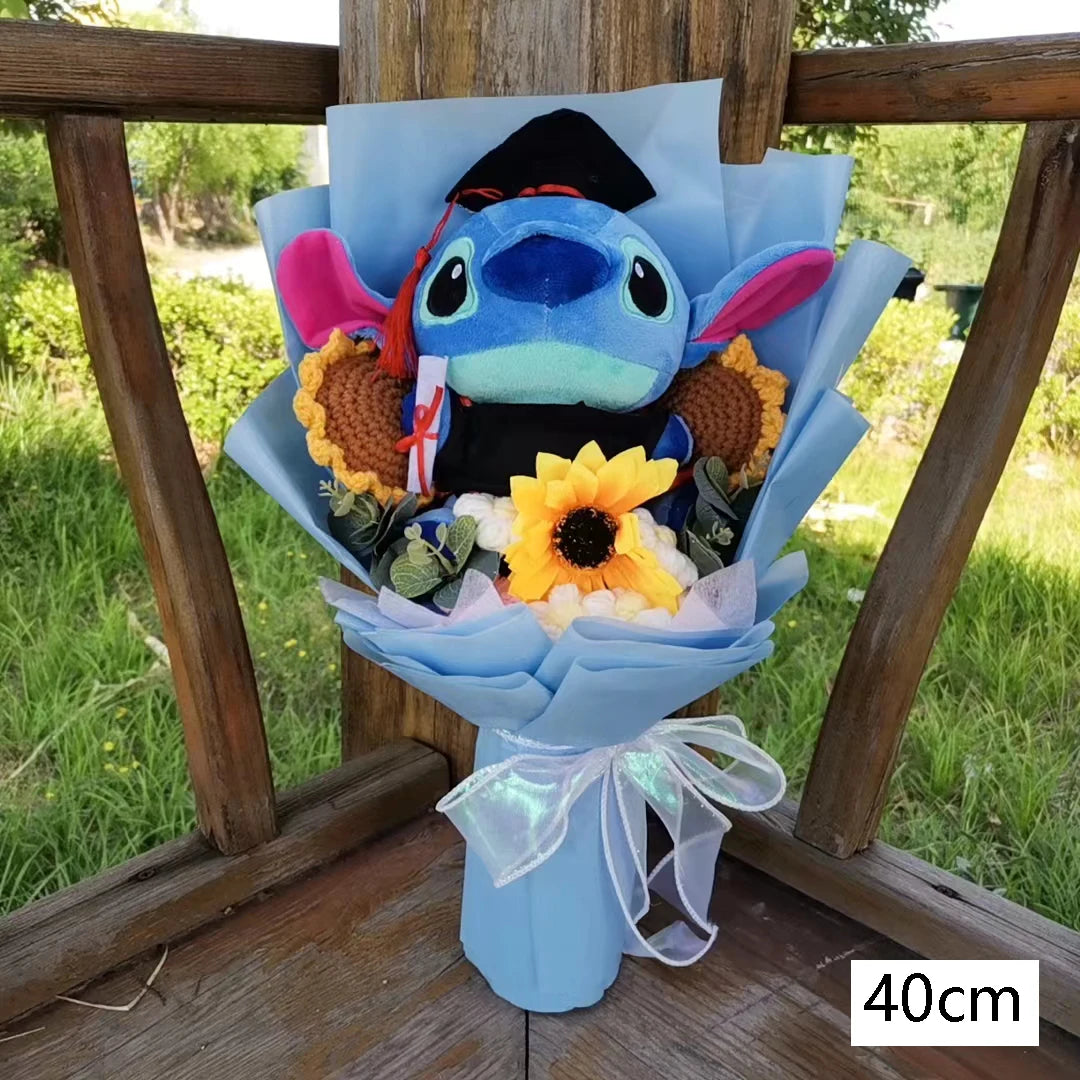 Anime Hot Lilo & Stitch With Handmade Knitting Sunflower Plush Bouquet Toys  Student Graduation Souvenir Birthday Gift