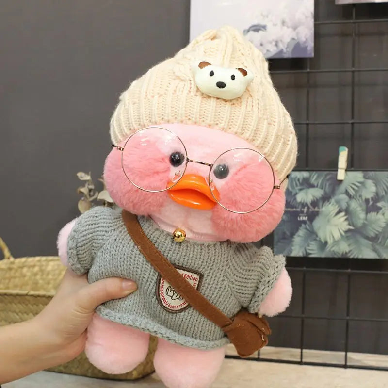 30cm Cute Cafe Pink Duck Stuffed Plush Animals Toy Wear Glasses And Clothes Soft Doll Girl Birthday Creative Gift For Girls