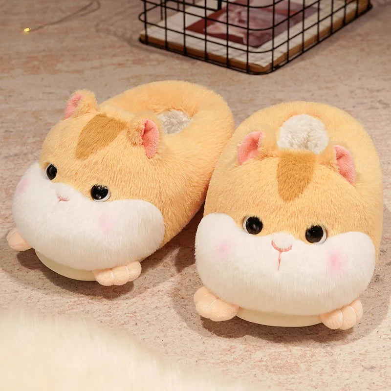 Cartoon Cute Warm Winter Slippers Kawaii Hamster Plush Shoes Soft Sole Flat Home Cotton Shoes Girl Women Adults Floor Shoes