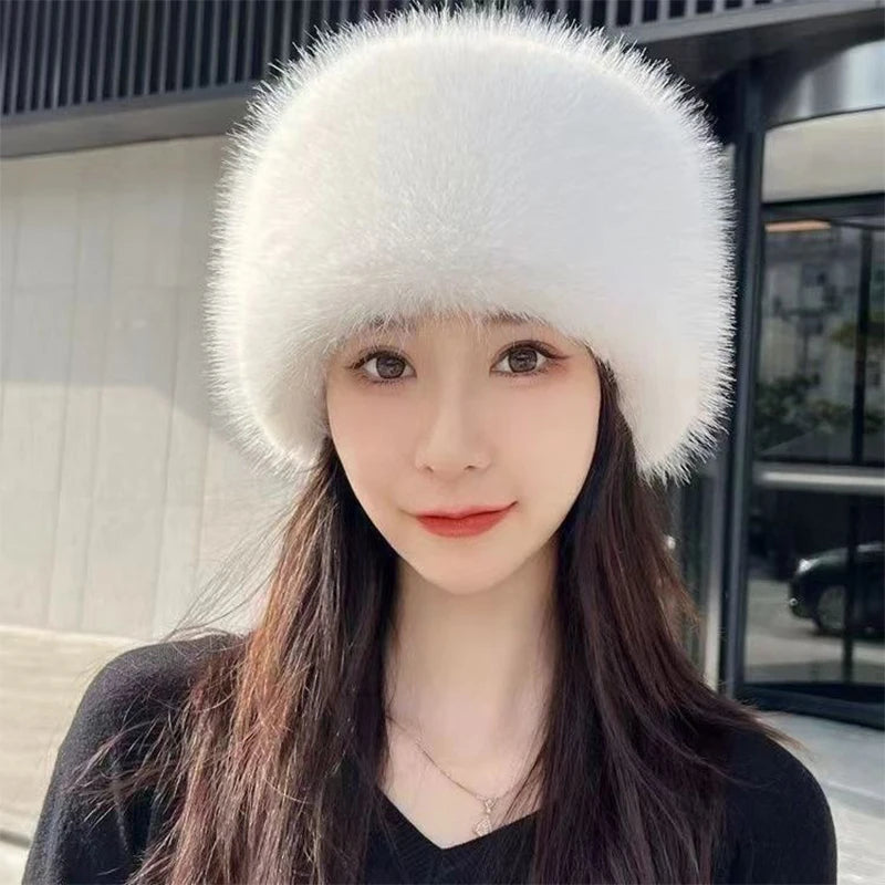 Women Warm Snow Ski Cap Fur Bucket Hat Mongolian Hat Ear Protection Winter Hats Thick Windproof Dome Luxury Plush Fisherman Hat