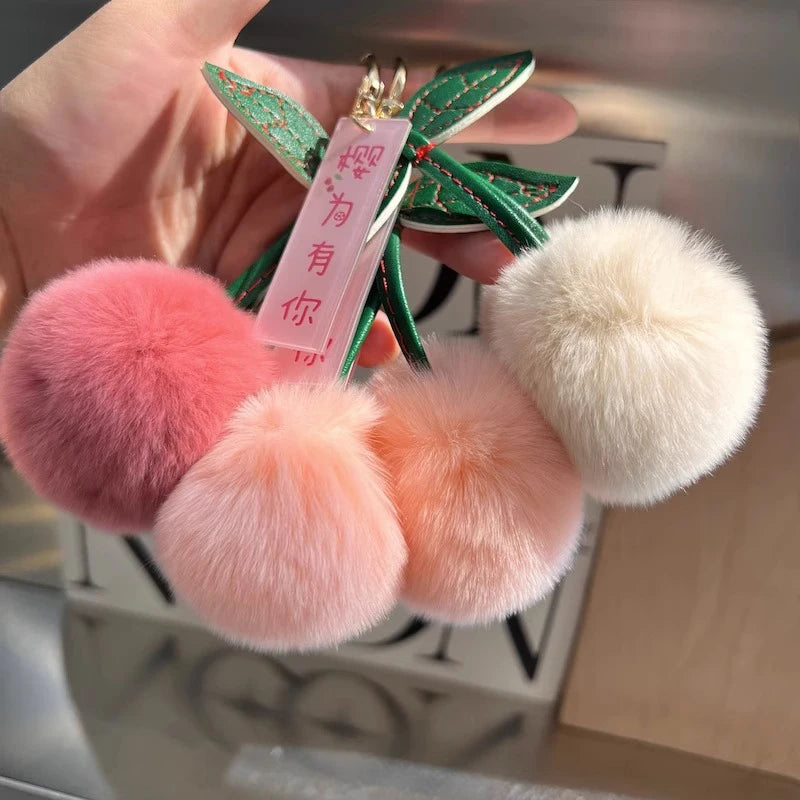 Cute Cherry Plush Bag Charm Keychain New Kawaii Rabbit Fluffy Ball Pom Pom Leaf Keychain Women's Bag Charm Backpack Accessories