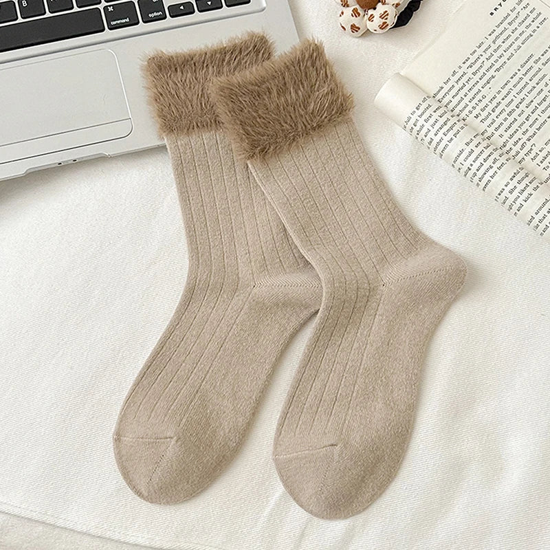 1Pair Fashion Plush Socks Women Autumn Winter Fluffy Splice Lanital Mink Velvet Thick Warm Mid-tube Stockings Cotton Socks