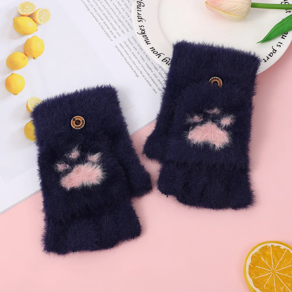 Thicken Women Warm Cat Gloves Fashion Girls Cat Claw Paw Plush Mittens Soft Plush Short Fingerless Half Finger Winter Gloves