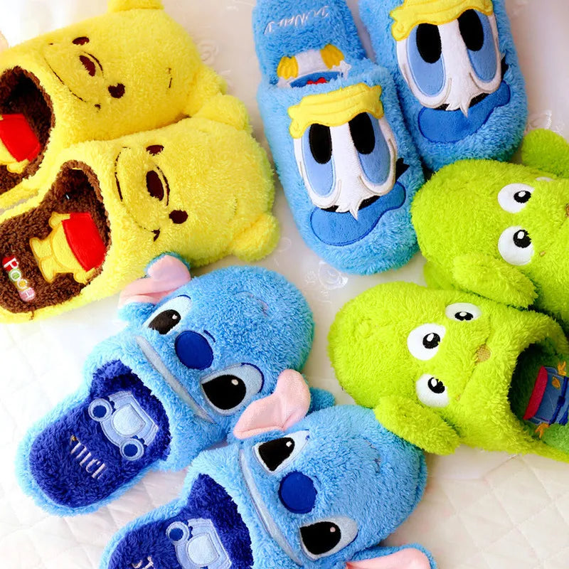 Disney Cartoon Plush Slippers In Autumn And Winter Creative Alien Stitch Winnie The Pooh Soft Home Slippers 35-38 Yards Unisex