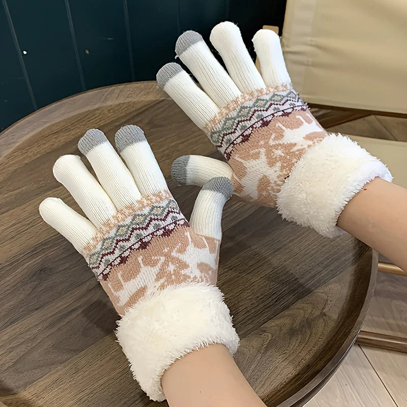 Christmas Reindeer Jacquard Knit Gloves Plush Cuff Thick Warm Gloves Autumn Winter Soft Coldproof Touchscreen Gloves