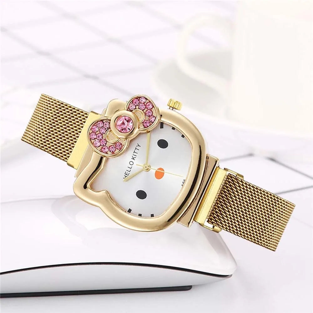 Hot Selling Sanrio Steel Band Watch Simple Cartoon Hello Kitty Cat Watch Women's Leisure Kitty Watch Cute Children's Quartz Watc