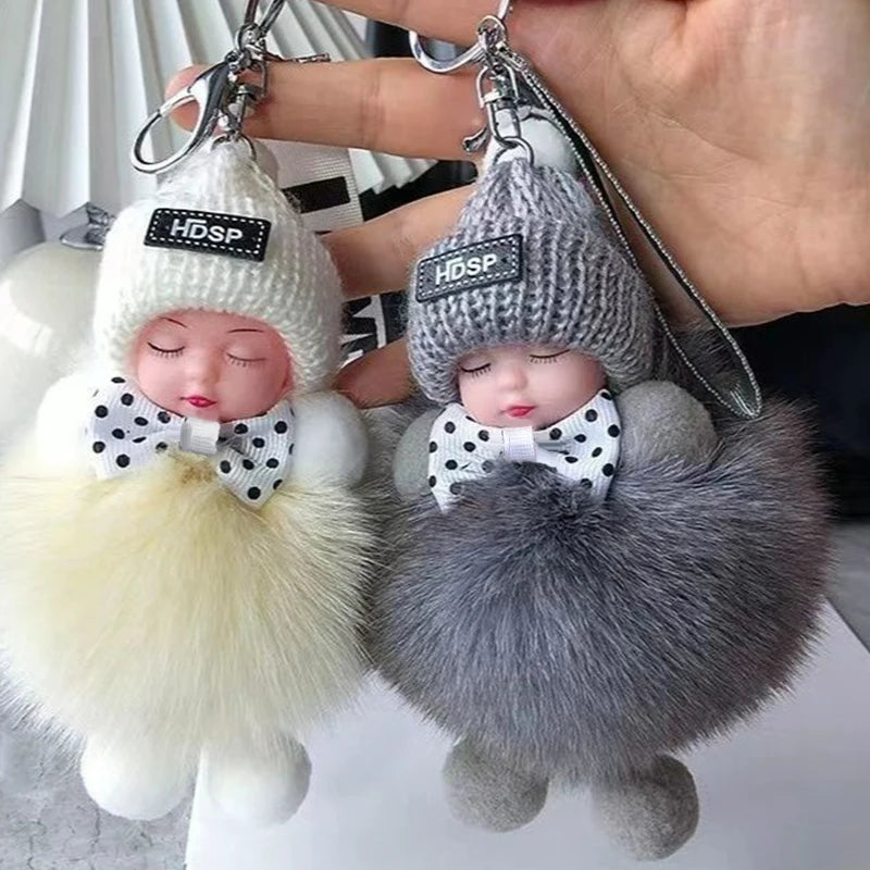 Cute Sleeping Baby Keychain Charm Cute Fluffy Plush Doll Car Keychain Fashion Women's Bag Charm Backpack Decoration Gift