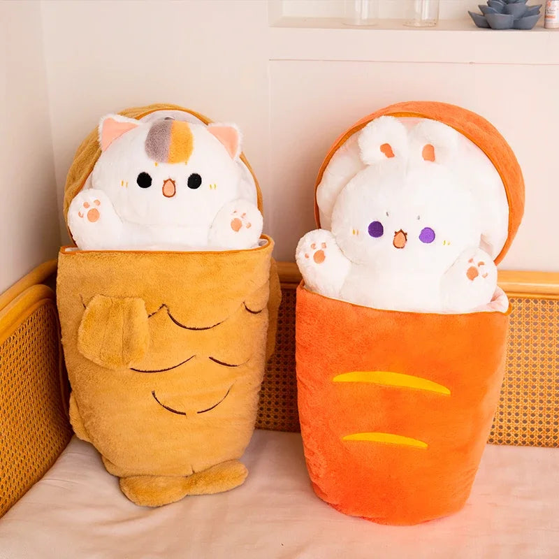 Kawaii Taiyaki Cat Plush Toy Rabbit Hiding in Carrot Furry Cartoon Animals Plush Throw Pillow Christmas Gift For Kids Girl