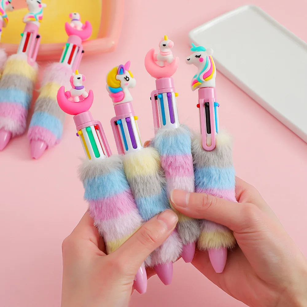 2PCS 6 Colors Children's Unicorn Plush Ball-point Pen Student Rainbow Gel Pen Fantastic Cartoon Girl Handwriting Pens