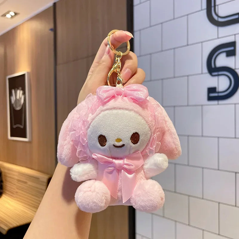 13CM Sanrio Plush Dolls Keychain Cinnamoroll Kuromi Melody Lace Headband Series Cute Pendant Backpack Deco Girl Kids Toys Gift