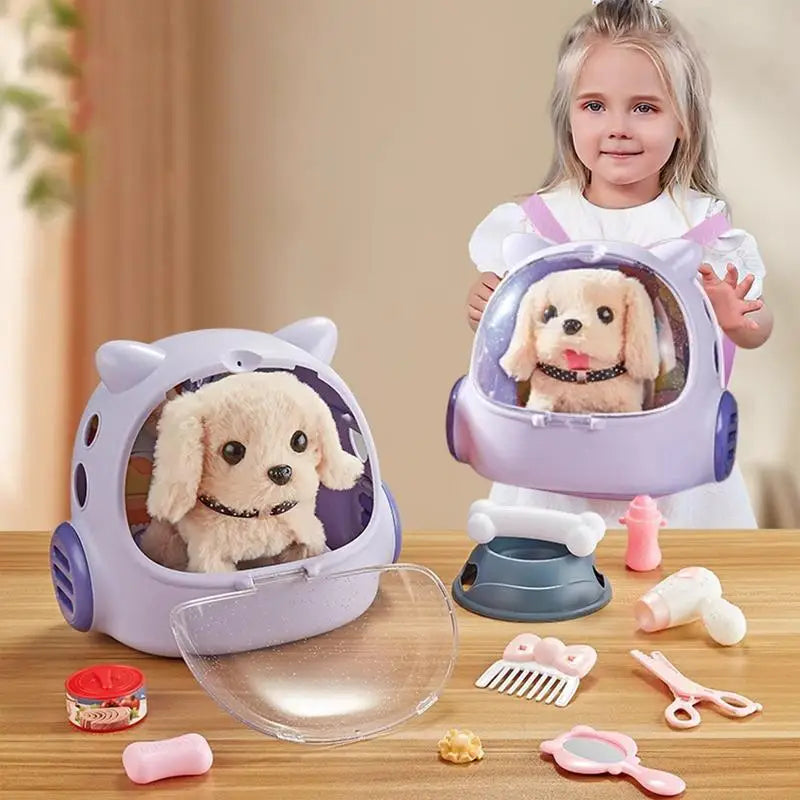 Walking Puppy Toy Plush Cute Electronic Dog Toy With Pet Backpack Simulation Electric Plush Puppy With Feeding Deluxe Kit For