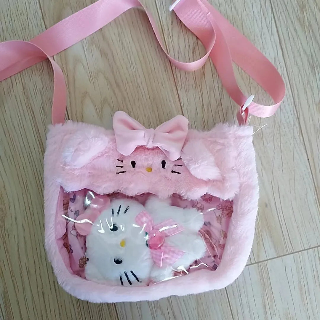 Kawaii Sanrio Plush Bags Cinnamoroll Melody Kuromi Crossbody Bag Cartoon Transparent Plushie Handbag Hello Kitty Stuffed Backpac