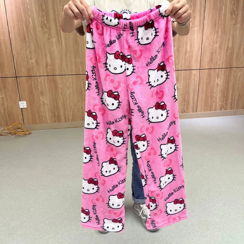 Cartoon Hello Kitty Flannel Sleeping Pants Thick Women'S Autumn And Winter New Style With Added Fleece Warm Casual Home Pants