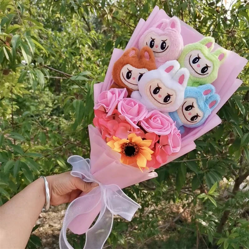 New Labubu The Monsters Box Plush Bouquet  Doll Toy With Sunflower Artificial Flower Bouquet Cartoon Valentine's Day Gifts