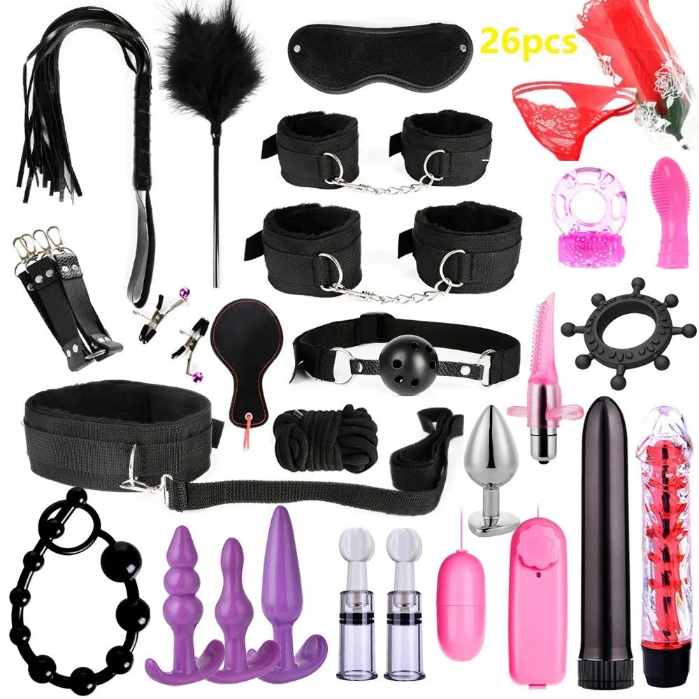 Sexy Nylon BDSM Kit Plush Sex Bondage Sex Toys for Women Set Handcuff Exotic Accessories Sex Games Whip Nipple Clamp Sex Toys 18