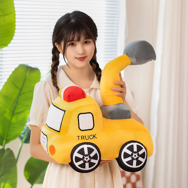 Emulational Cute Tractor Excavator Car Plush Toy Pillow Cartoon Fire Truck Soft Stuffed Dolls Boy Kids Gift Cute Room Decor