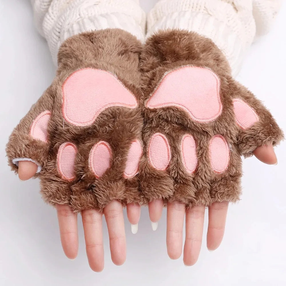 Cartoon Cute Cat Claw Paw Gloves Women Plush Mittens Warm Soft Plush Short Fingerless Fluffy Bear Cat Gloves Costume Half Finger