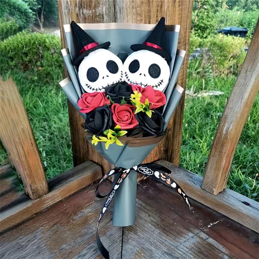 Halloween Jack Skellington Plush Doll Toys With Artificial flower Bouquet Stuffed Terror Skull Ghost Christmas Day/Birthday Day