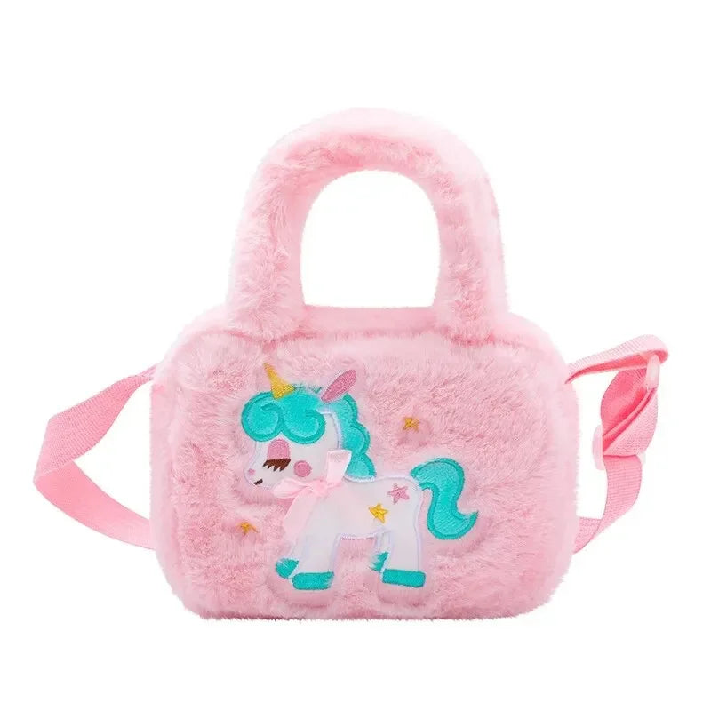 Kids Embroidery Unicorn Plush Toy Crossbody Purses Handbags Little Girls Rainbow Fluffy Purse Cute Cartoon Furry Shoulder Bag