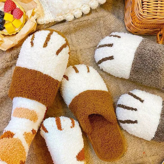 Winter Plush Slippers For Women Warm Cute Cat Paw Designer House Fur Slippers Indoor Bedroom Lovers Indoor Fluffy Shoes