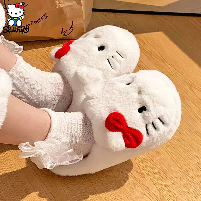 Sanrio Hello Kitty Plush Slippers Anime Sanrio Plush Cotton Slipper Winter Warm Cartoon Cotton Shoes Hello Kitty Slippers Gifts